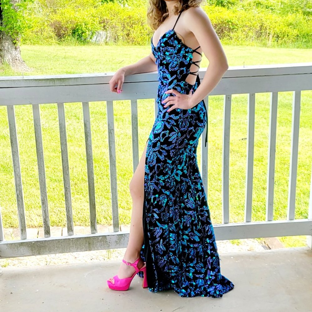 Midnight Doll Pattern Sequin Velvet Lace-up Back Long Formal Dress Size 0